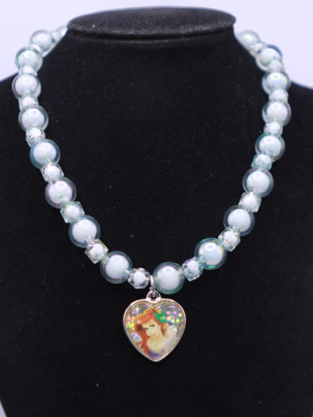 Disney Light Aqua Beaded stretch Necklace 16” with Heart Mermaid Pendant